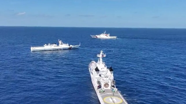 Two China Coast Guard vessels cut across the bow of BRP Theresa Magbanua (PCG)