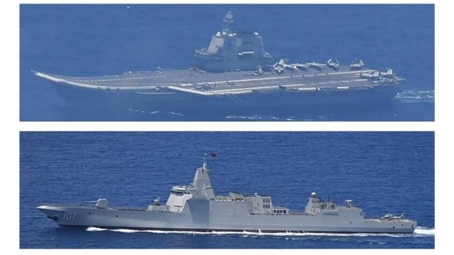 PLA Navy carrier Shandong (top) and one of her escorts in the Philippine Sea, June 2025 (JMSDF)