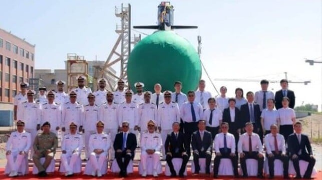 With sonar sensors shrouded at its launch ceremony, Pakistan’s third Hangor-class submarine is to be named PNS Mangro and potentially has the capability to launch nuclear-armed cruise missiles (DG PR Pakistan Navy)
