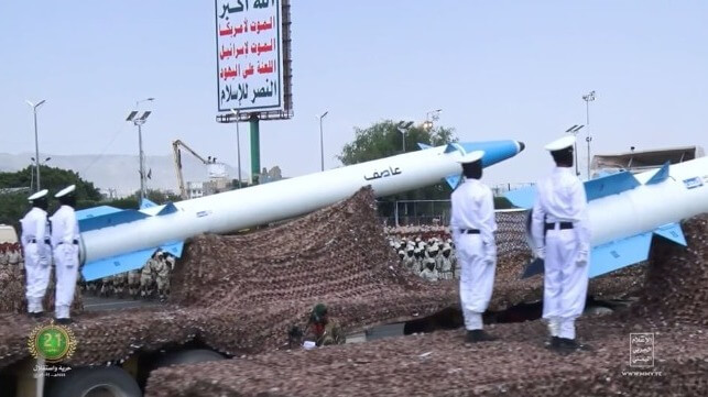 Iranian-built Khalij Fars ''Aasif'' antiship missiles at a Houthi parade, 2022 (Houthi Military Media / Oryx)