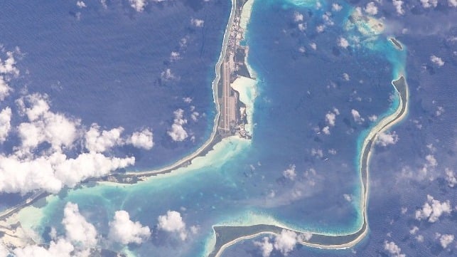 The American airbase and anchorage at Diego Garcia are the archipelago's defining features (NASA file image)