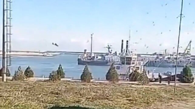 A Ukrainian drone descends to strike the Caspian Sea Flotilla at Kaspiysk (Russian social media)