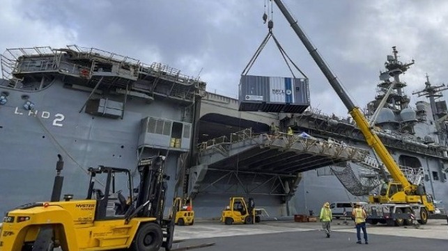 USS Essex cargo operations alongside pier