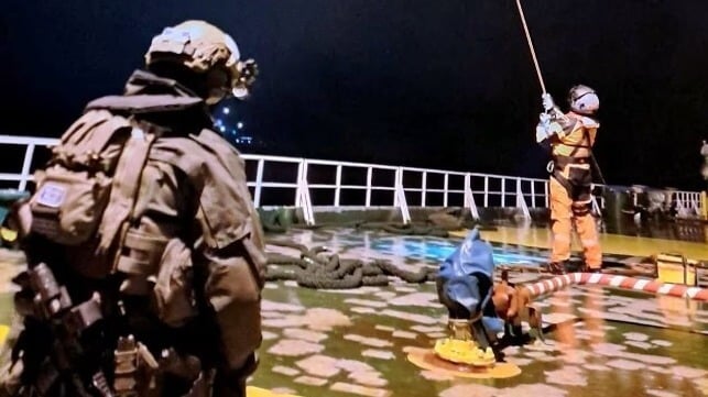 A Finnish tactical police boarding team ropes down to the deck of the Eagle S, Dec. 25-26 (Finnish Border Guard)