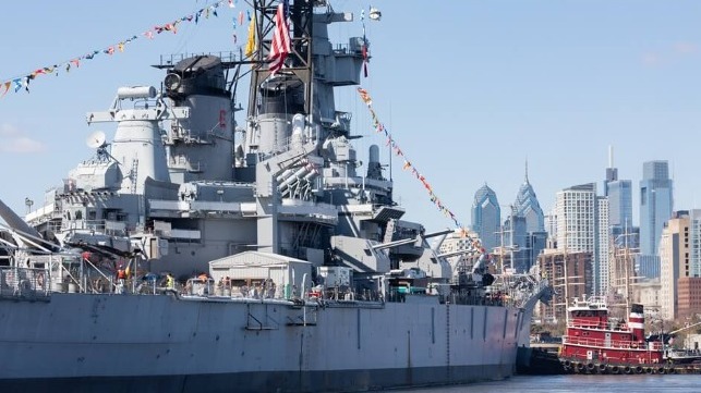 USS New Jersey gets under way in Camden