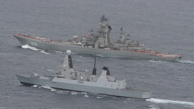 Russian Navy battlecruiser Pyotr Velikiy with the destroyer HMS Dragon 