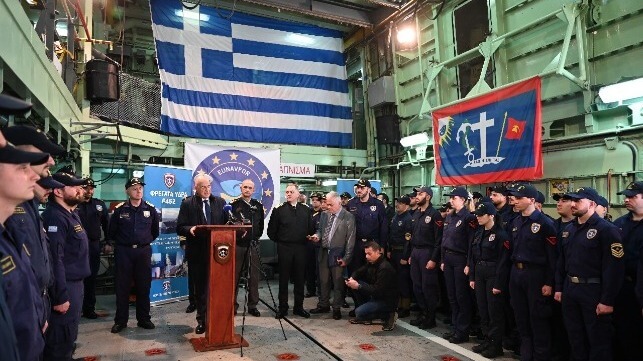 Greek defense minister Nikos Dendias addresses the crew of the Hydra, February 26 (Hellenic Ministry of National Defense)