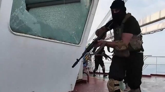 A Houthi small-boat commando team boards the bulker Magic Seas shortly before its sinking, 2025 (Houthi Military Media)