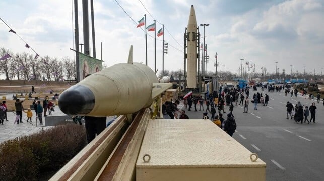 Iranian ballistic missiles on display, Tehran, February 2025 (Photo by Morteza Nikoubazl / NurPhoto via AP)