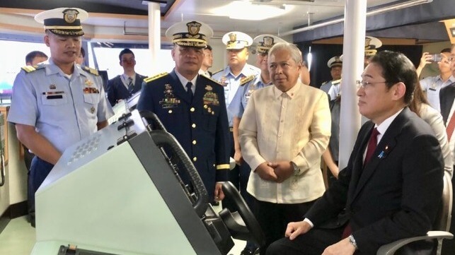 Japanese Prime Minister Fumio Kishida (right) takes the helm aboard the Japanese-built Philippine Coast Guard cutter BRP Teresa Magbanua, Nov. 3 (PCG)