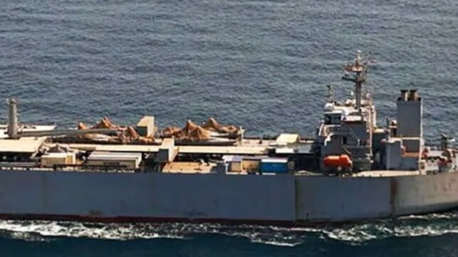 A separate attempted shipment of Iranian attack boats aboard the base ship Makran, 2021 (Royal Danish Air Force)
