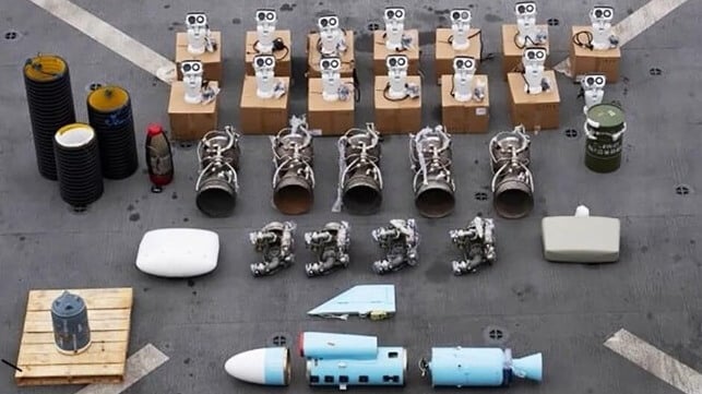 Without knowing it, China's oil refiners may be paying for the Iranian parts that make the Houthi anti-ship campaign run, like this consignment of rocket engines, warheads guidance devices and other key components (U.S. Navy)