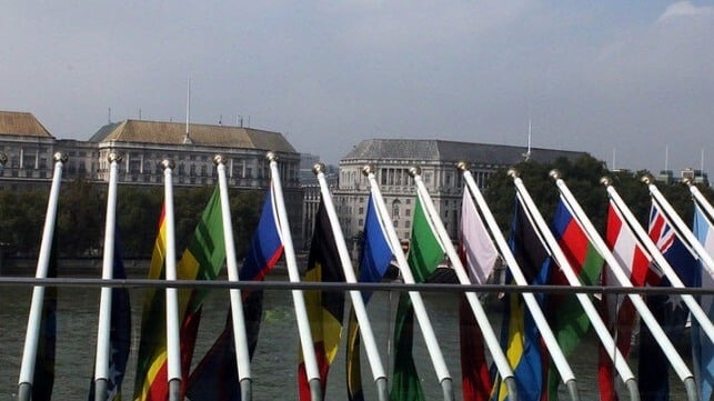 Member states' flags at IMO headquarters in London (IMO file image)