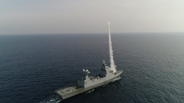 An Israeli Sa'ar-6 corvette launches a C-Dome interceptor, 2022 (Rafael / Israeli Navy)