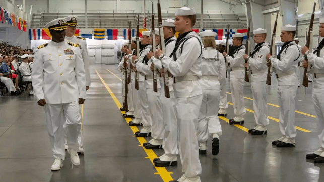 Inspection of the honor guard during a pass-in ceremony at Recruit Training Command, June 2025 (USN)
