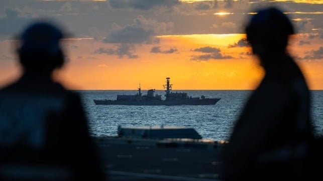 HMS Richmond (center) under way with the Prince of Wales carrier strike group (Royal Navy)