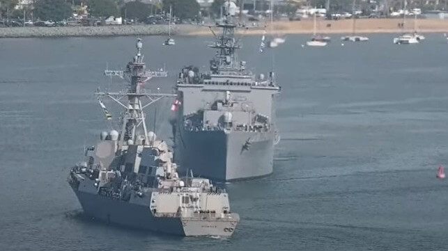 US Navy warships maneuvering to avoid collision 