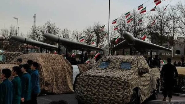 Shahed-136 drones on display at a parade marking the 44th anniversary of the Iranian revolution, February 11 (UANI)