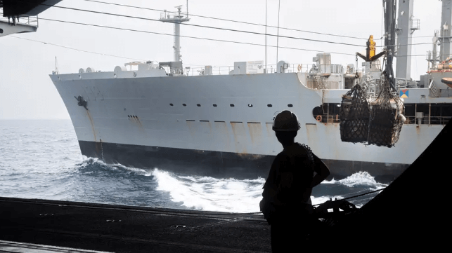 USNS Big Horn transfers supplies to carrier USS Theodore Roosevelt, August 2024 (USN)