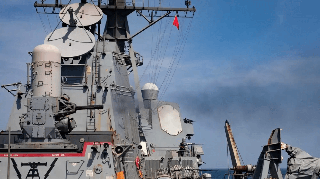 USS Gravely tests her CIWS system, March 2024. The warship shot down a Houthi ballistic missile and two drones on Wednesday (USN image)
