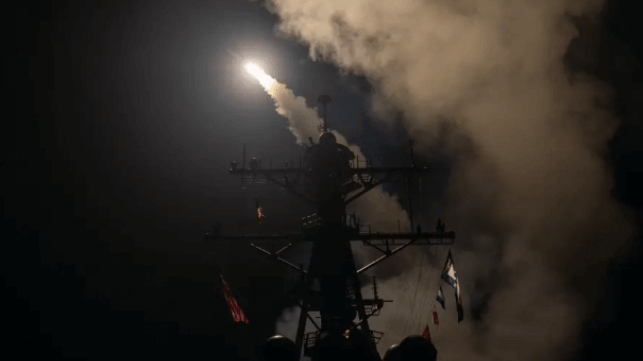 Destroyer USS Gravely launches an air defense missile at a Houthi aerial threat (U.S. Navy file image)