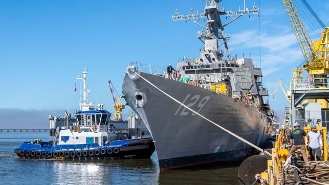 USS Jeremiah Denton alongside at a pier at Ingalls after launch (Huntington Ingalls Industries handout image)