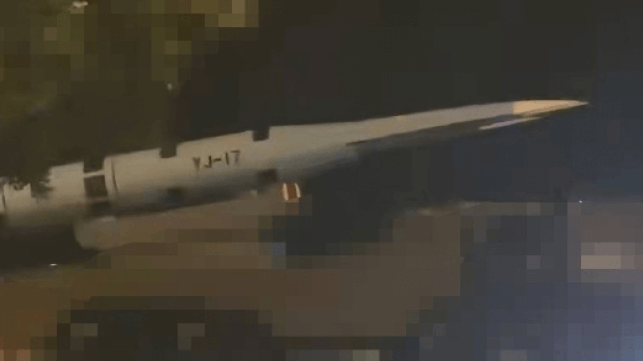 A YJ-17 captured in low-resolution nighttime footage during preparations for the Beijing parade (Chinese social media)