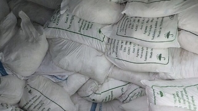 A cargo of explosive ingredients seized from a dhow in the Gulf of Oman in 2022. Ammonium perchlorate was part of the cargo (USCG file image)