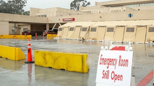 March 10, 2020: Naval Medical Center San Diego's tent stands erected in front of the hospital's emergency room to treat COVID-19 patients. 