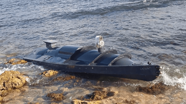 This Ukrainian remote-controlled surface drone boat washed up on a beach in Sevastopol (file image)