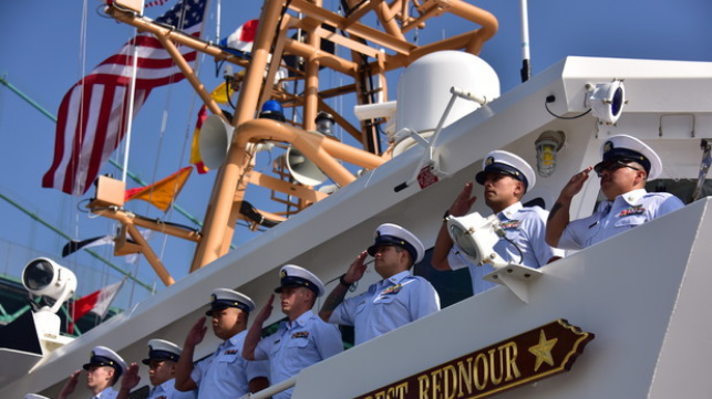 The crew of Coast Guard Cutter Forrest Rednour mans the rail during the cutter’s commissioning ceremony, Nov. 8, 2018, in San Pedro, California. The Forrest Rednour is the 29th Fast Response Cutter to be commissioned by the Coast Guard.