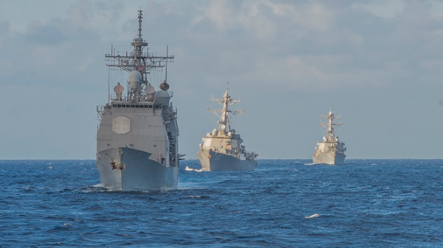 The USS Shiloh (CG 67), front, and the USS McCampbell (DDG 85) and USS Barry (DDG 52) conduct maneuvers during Talisman Saber 2017. 