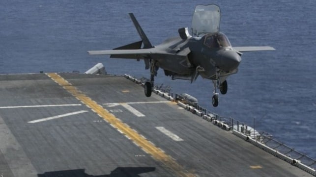 An F-35B Lightning II prepares to land on the flight deck of the USS Wasp while underway in the Philippine Sea, March 23, 2018. (U.S. Marine Corps photo by Lance Cpl. Amy Phan)