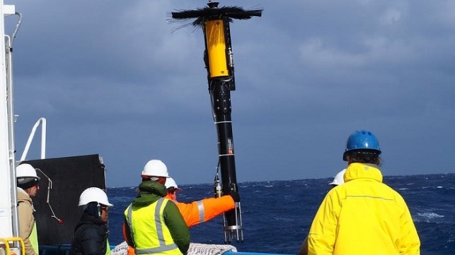 Scientists deploying a vertical microstructure profiler which measures temperature, salinity, pressure and turbulence, from RV Investigator in the Antarctic Circumpolar Current, November 2018. Nathan Bindoff