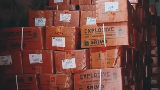 Boxes of explosives seized from two dhows bound for Ras Isa, Yemen, May 2025 (NRF)