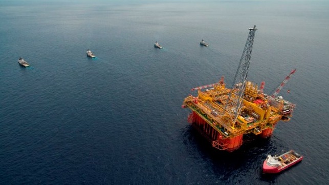 Ichthys central processing facility being towed into position in May 2017.