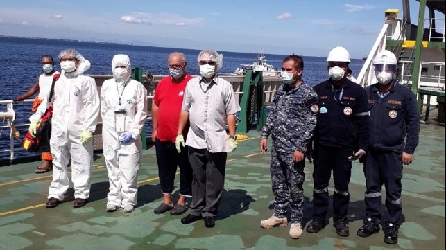 Philippine authorities visited the crew stranded on a tanker in Manila Bay to provide relief