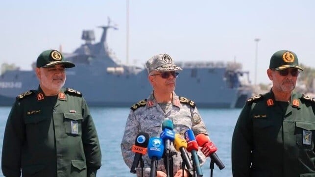 Maj Gen Mohammed Bagheri speaking in Bandar Abbas, May 12 (Iran Ministry of Defense)