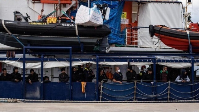 Image of male migrants aboard the rescue vessel Humanity 1