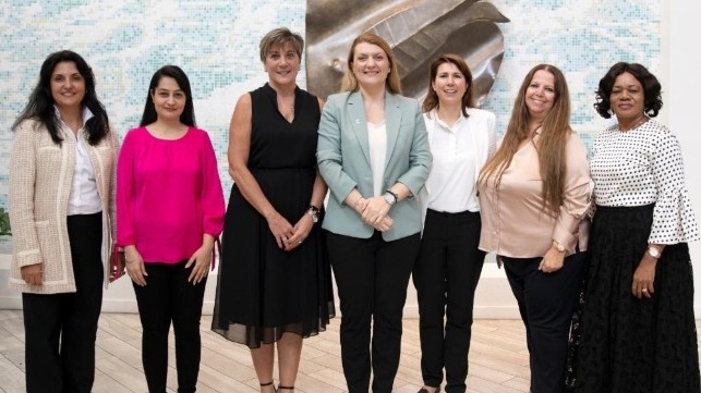 WISTA International Executive Committee. Left to Right: Fabiana Simoes Martins, Sanjam Gupta, Alexandra Anagnostis, Despina Panayiotou Theodosiou, Connie Roozen,  Angie Hartmann, Naa Densua Aryeetey.