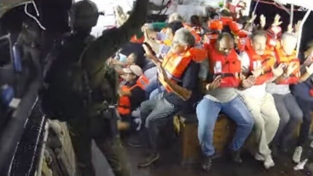 Israeli boarding team detains the passengers and crew of the UK-flagged Handala (reporting name Navarn) (Freedom Flotilla Coalition)