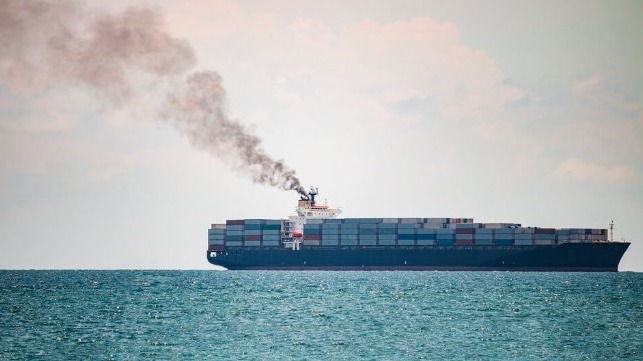 Smoky exhaust from a container ship