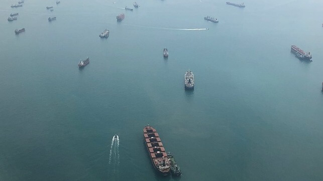 Singapore Strait anchorage with many vessels