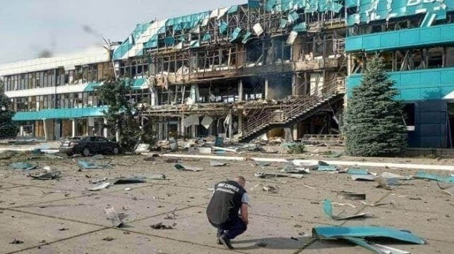 Damaged building in port of Izmail, Ukraine