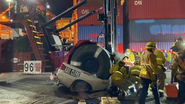 stacker accident at Port of Long Beach hospitalizes pickup truck driver