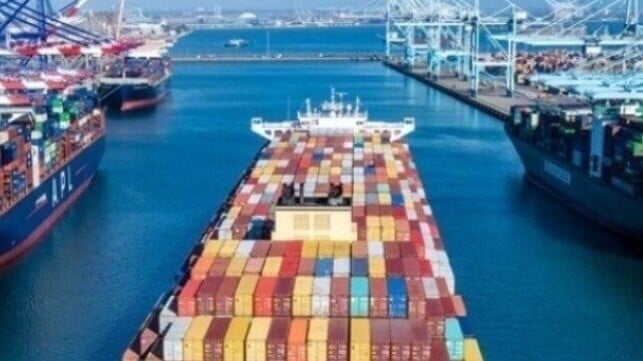 container on ship arriving in port