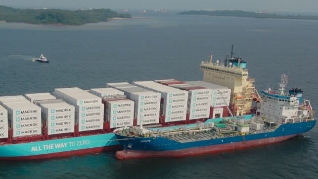 Maersk's first methanol-powered container ship takes on green fuel at Singapore (MPA file image)