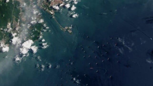 Maritime traffic backed up near the Panama Canal in August 2023. (NASA photo)