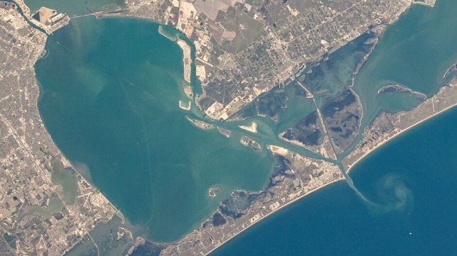 Port of Corpus Christi (upper left) and Aransas Pass (center right) (NASA)