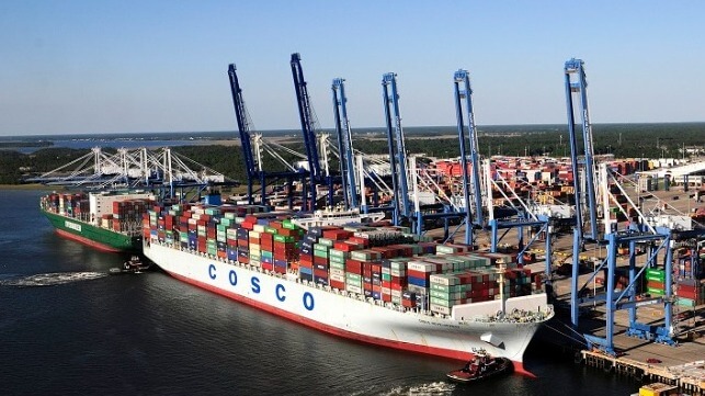 COSCO ship arriving at a seaport